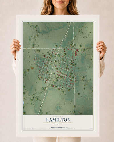 Map of Hamilton, Kansas, 24 x 36 inch print in a white wood frame