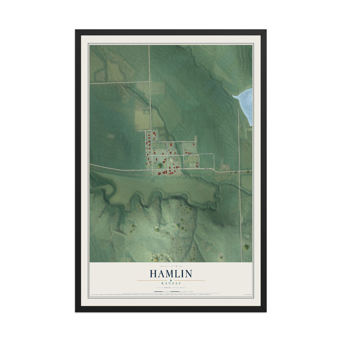 Map of Hamlin, Kansas, 12 x 18 inch print in a black wood frame