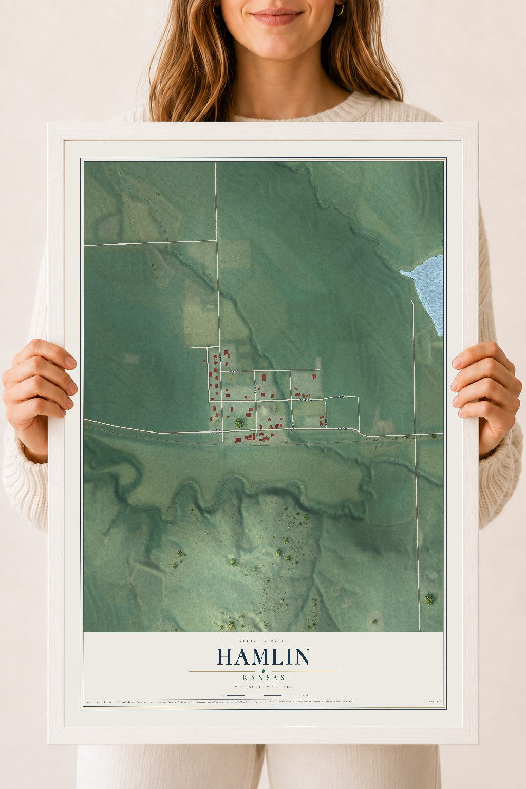 Map of Hamlin, Kansas, 18 x 24 inch print in a white wood frame