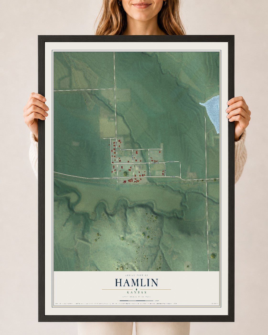 Map of Hamlin, Kansas, 24 x 36 inch print in a black wood frame