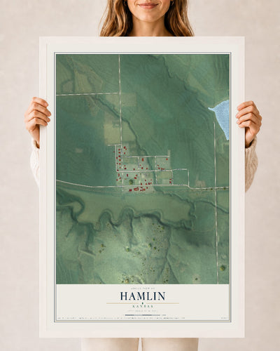 Map of Hamlin, Kansas, 24 x 36 inch print in a white wood frame