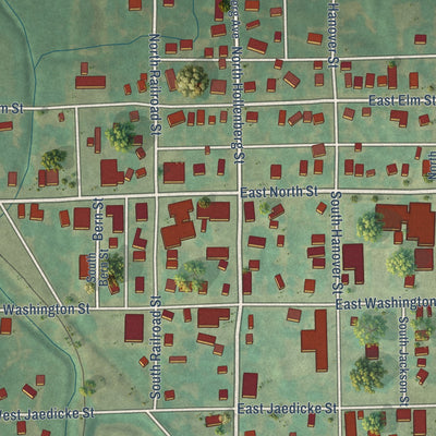 Close-up of the map of Hanover, Kansas print showing street and building detail