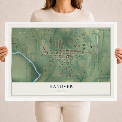 Map of Hanover, Kansas, 18 x 24 inch print in a white wood frame