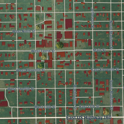 Close-up of the map of Harper, Kansas print showing street and building detail