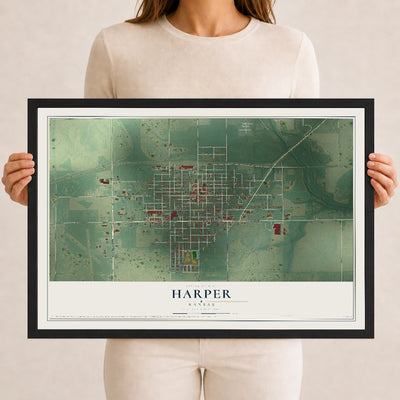 Map of Harper, Kansas, 12 x 18 inch print in a black wood frame