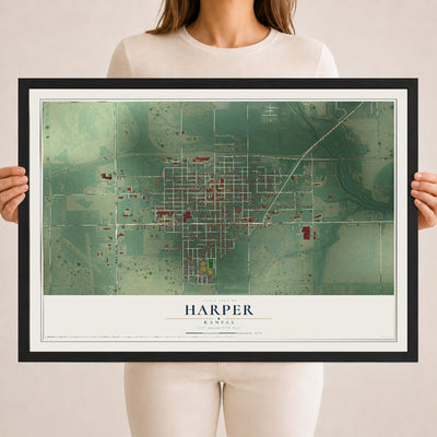 Map of Harper, Kansas, 18 x 24 inch print in a black wood frame