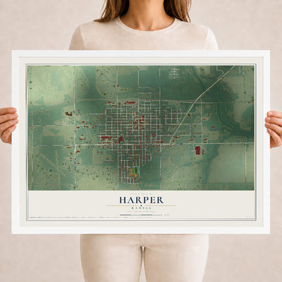 Map of Harper, Kansas, 18 x 24 inch print in a white wood frame