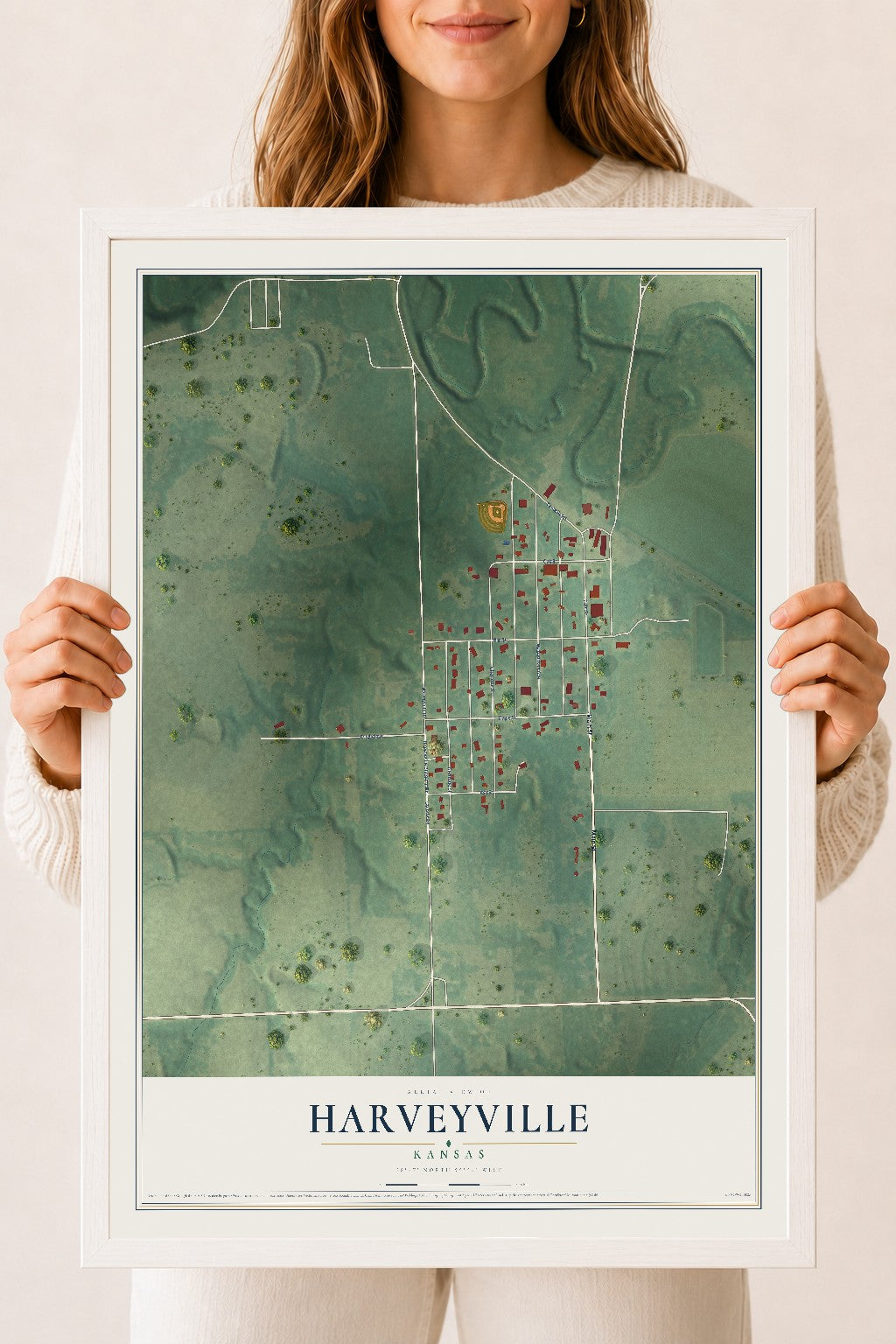 Map of Harveyville, Kansas, 18 x 24 inch print in a white wood frame