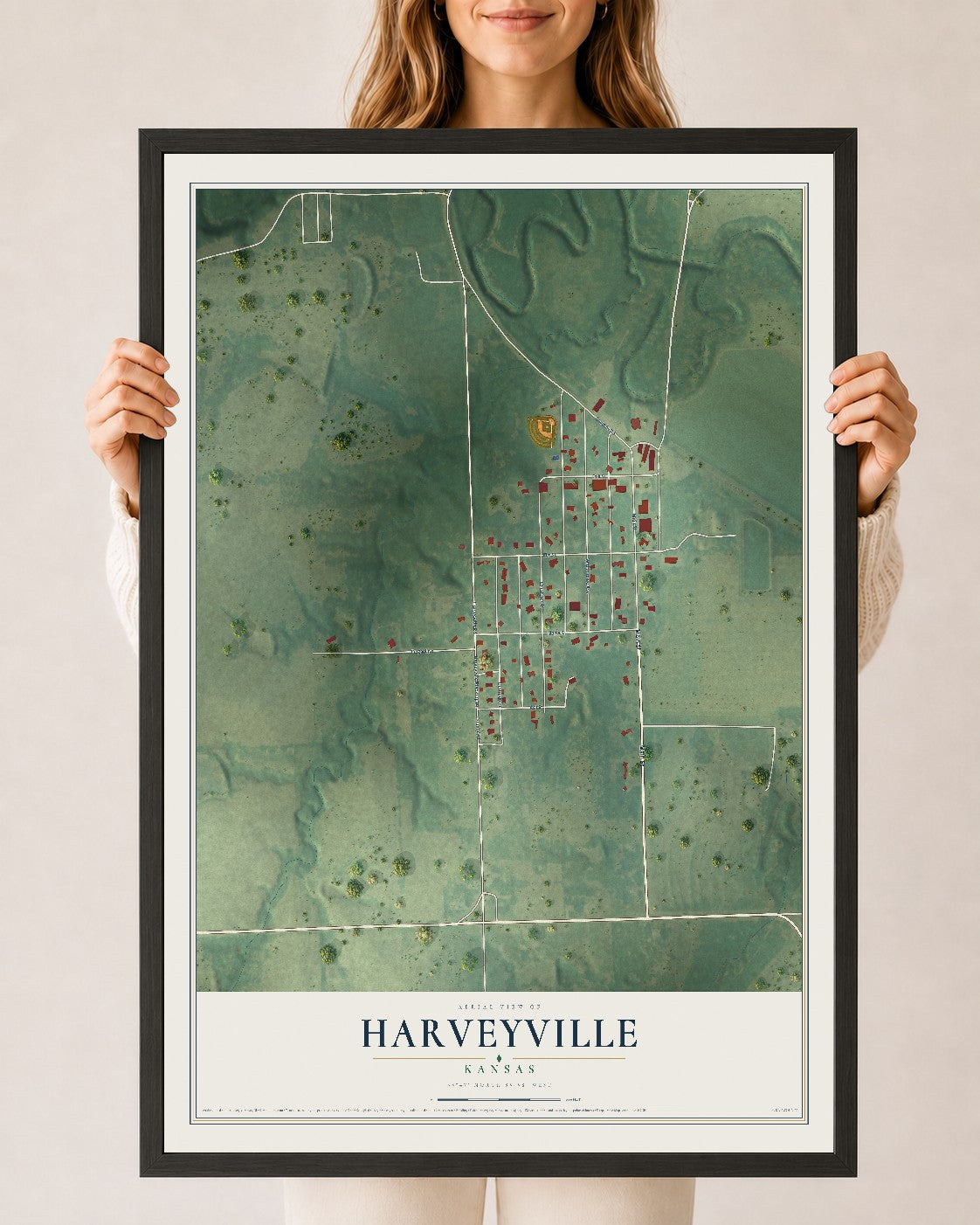Map of Harveyville, Kansas, 24 x 36 inch print in a black wood frame