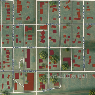 Close-up of the map of Haviland, Kansas print showing street and building detail