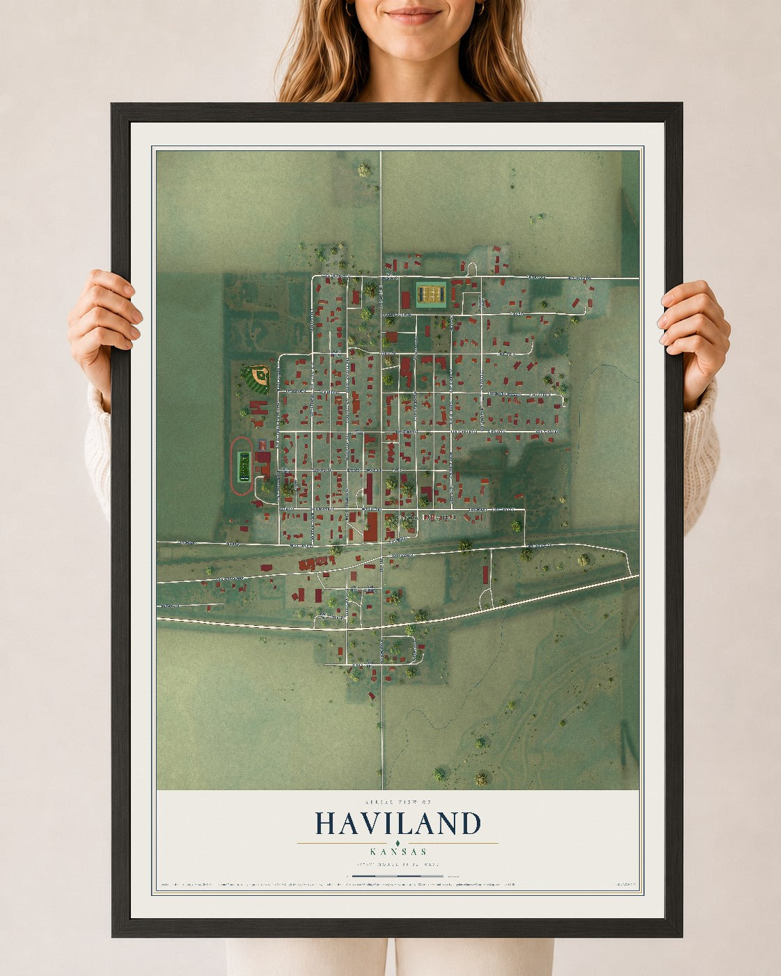Map of Haviland, Kansas, 24 x 36 inch print in a black wood frame