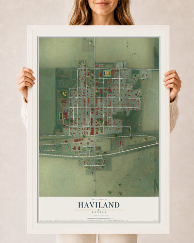 Map of Haviland, Kansas, 24 x 36 inch print in a white wood frame