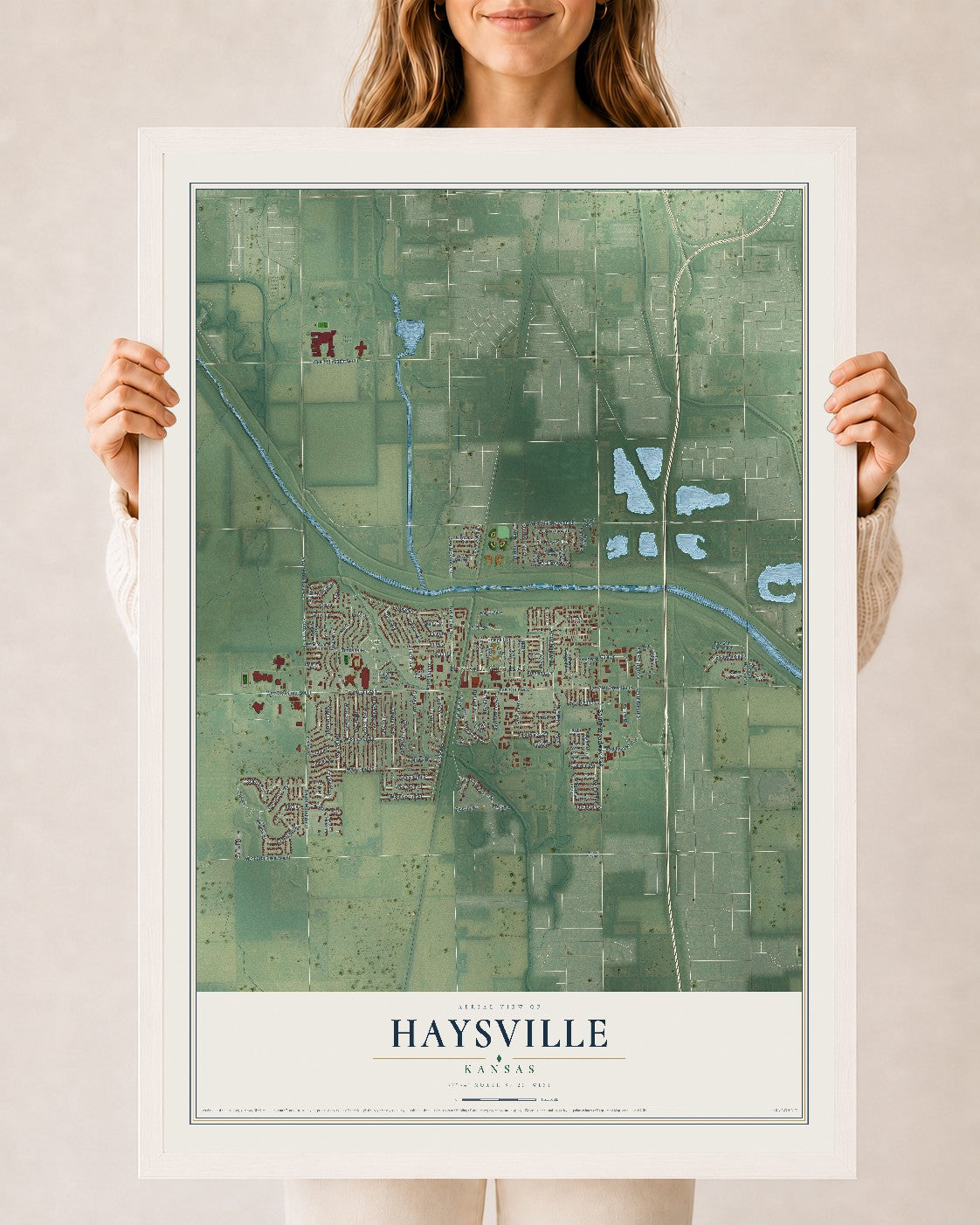 Map of Haysville, Kansas, 24 x 36 inch print in a white wood frame