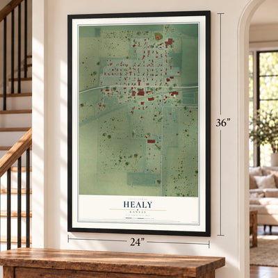 Healy, Kansas map, 24 x 36 inch print in a black frame by a staircase