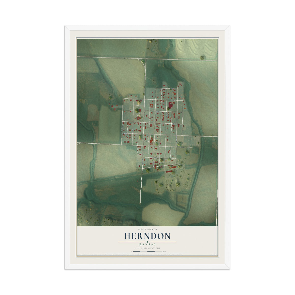 Map of Herndon, Kansas, 12 x 18 inch print in a white wood frame