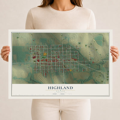 Map of Highland, Kansas, 12 x 18 inch unframed archival matte print