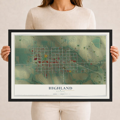 Map of Highland, Kansas, 12 x 18 inch print in a black wood frame