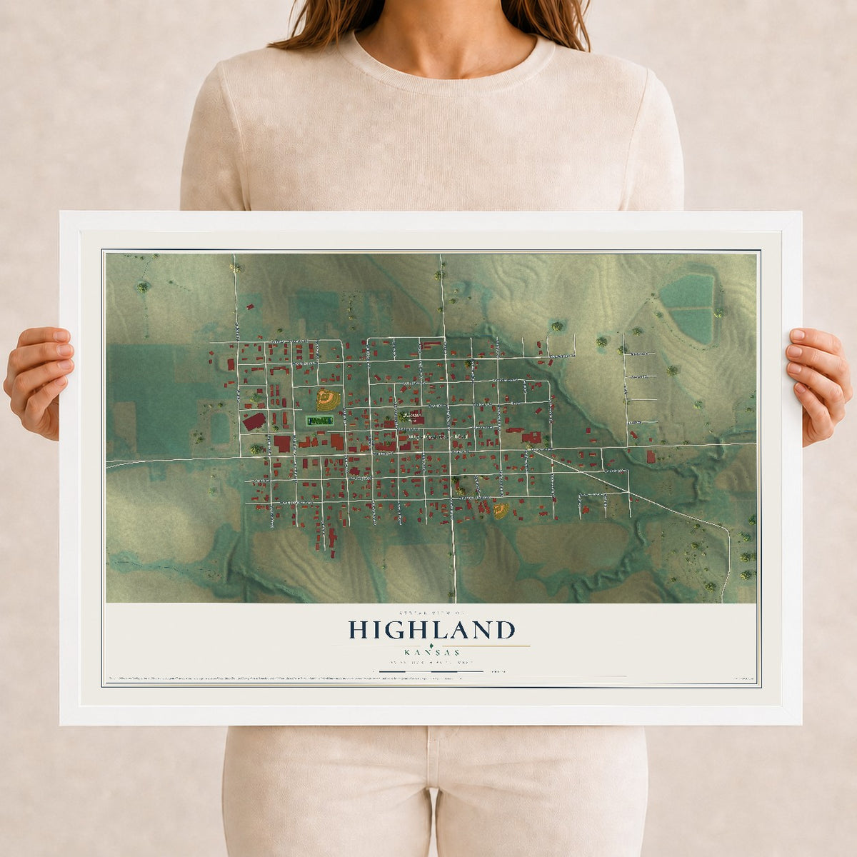 Map of Highland, Kansas, 12 x 18 inch print in a white wood frame