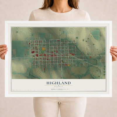 Map of Highland, Kansas, 18 x 24 inch print in a white wood frame