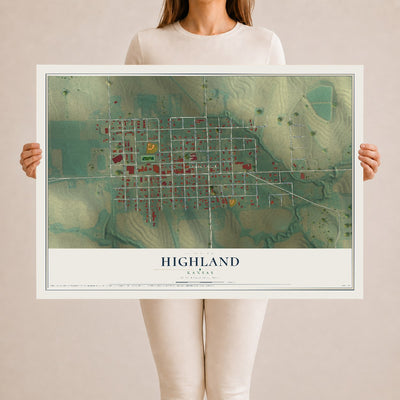 Map of Highland, Kansas, 24 x 36 inch unframed archival matte print