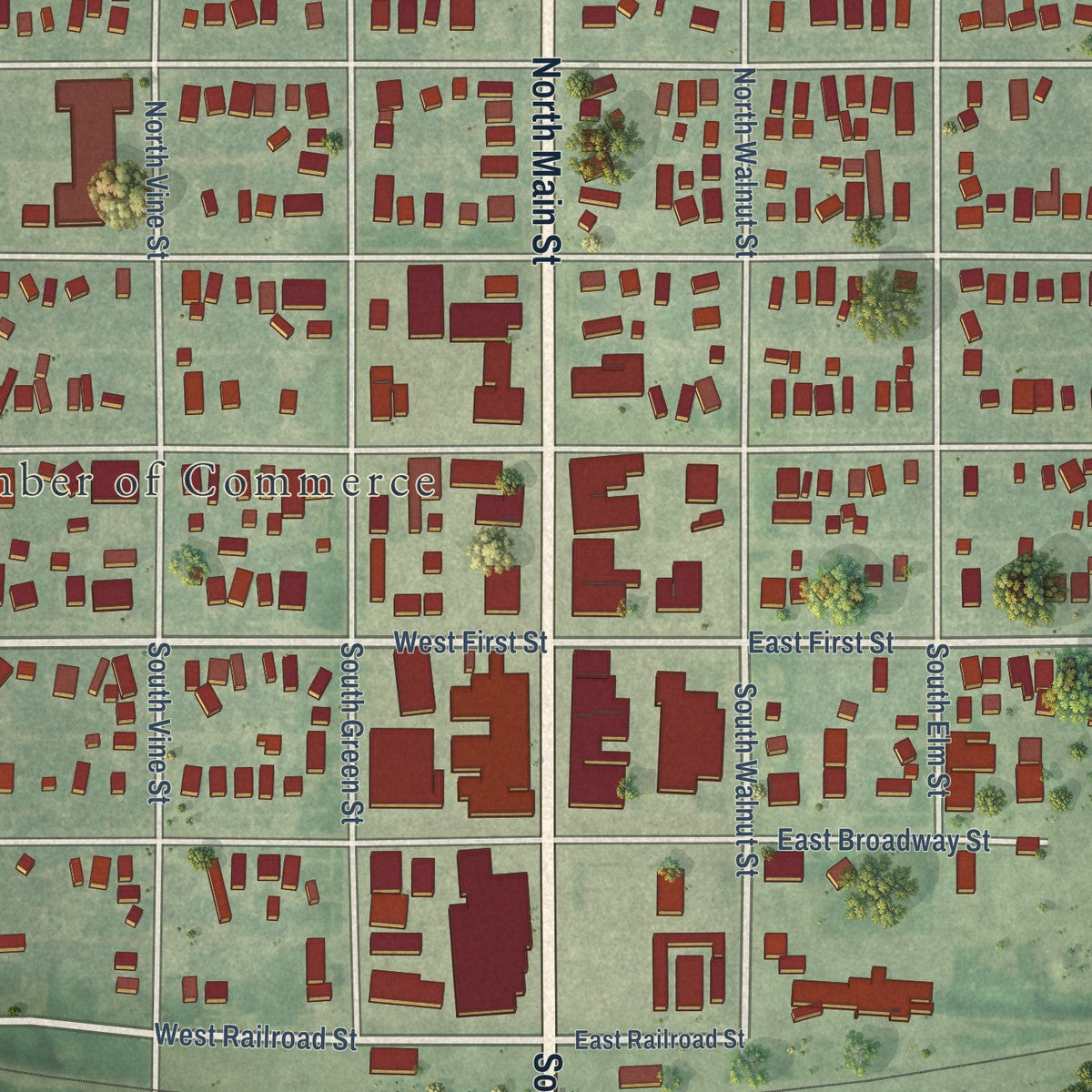 Close-up of the map of Hoisington, Kansas print showing street and building detail