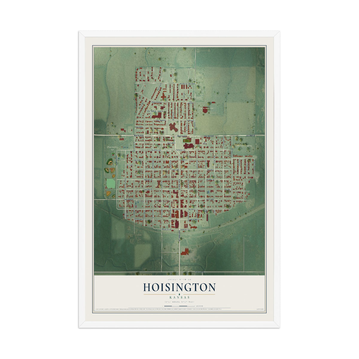 Map of Hoisington, Kansas, 12 x 18 inch print in a white wood frame