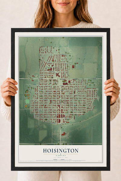 Map of Hoisington, Kansas, 18 x 24 inch print in a black wood frame