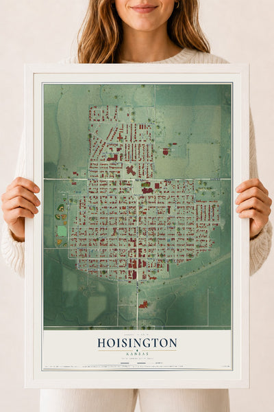 Map of Hoisington, Kansas, 18 x 24 inch print in a white wood frame