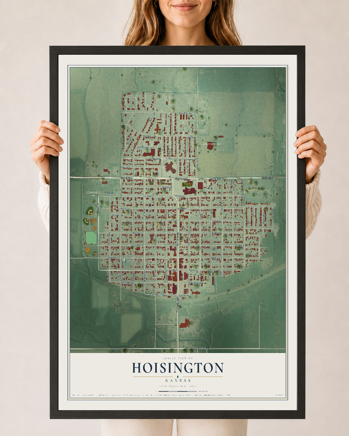 Map of Hoisington, Kansas, 24 x 36 inch print in a black wood frame