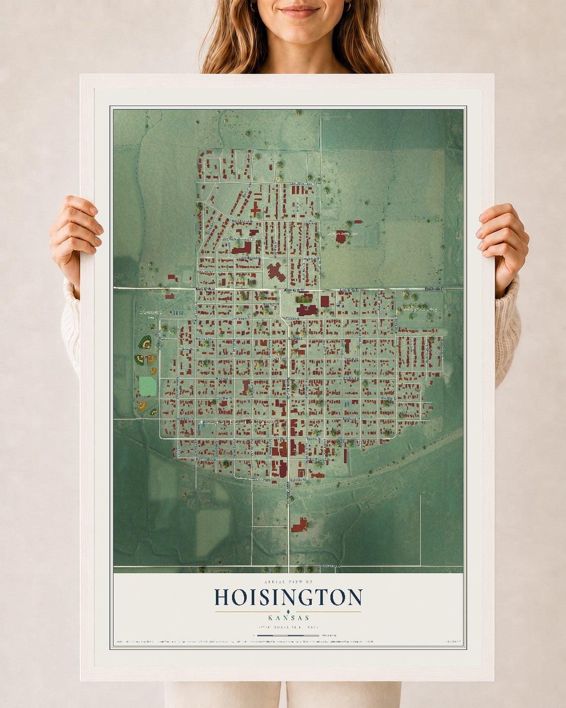 Map of Hoisington, Kansas, 24 x 36 inch print in a white wood frame