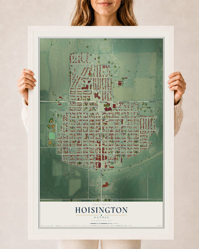 Map of Hoisington, Kansas, 24 x 36 inch print in a white wood frame