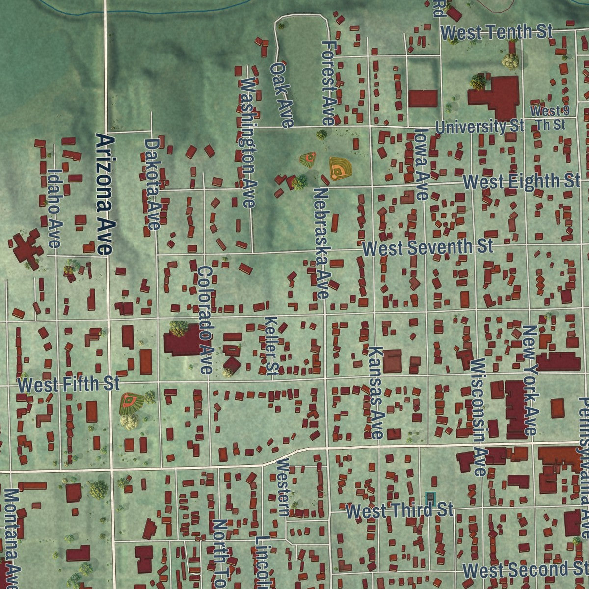 Close-up of the map of Holton, Kansas print showing street and building detail