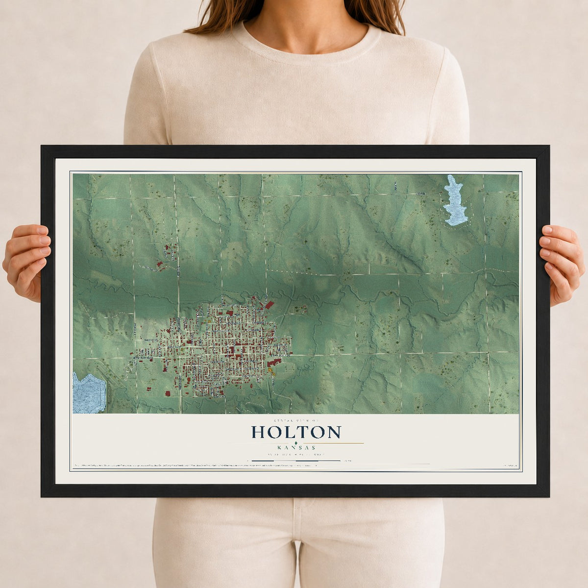 Map of Holton, Kansas, 12 x 18 inch print in a black wood frame