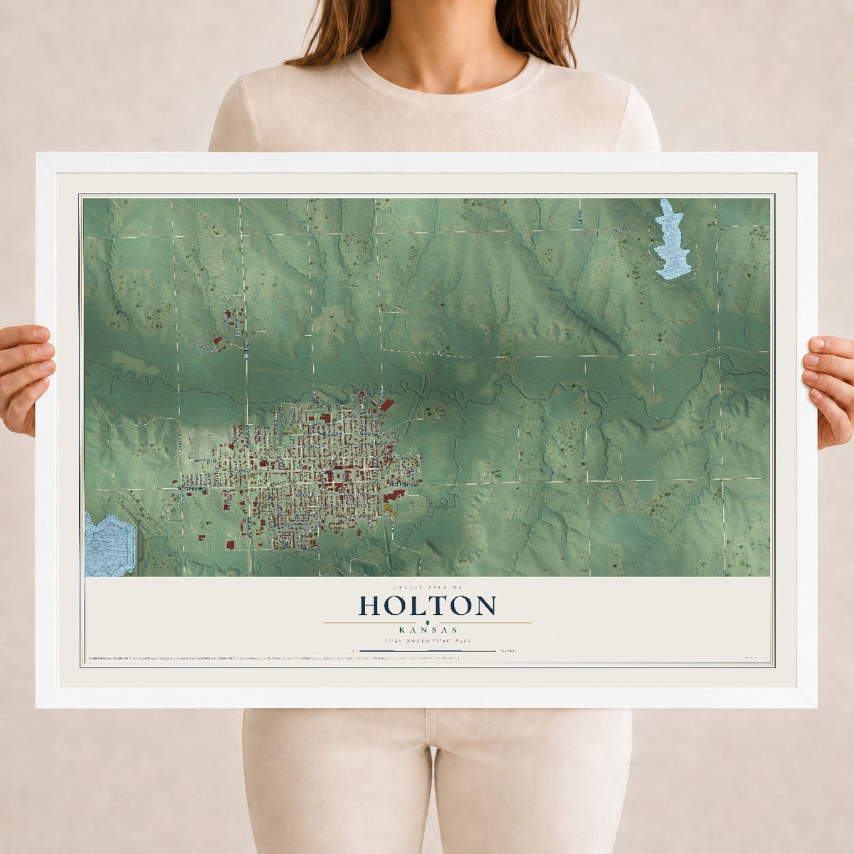 Map of Holton, Kansas, 18 x 24 inch print in a white wood frame