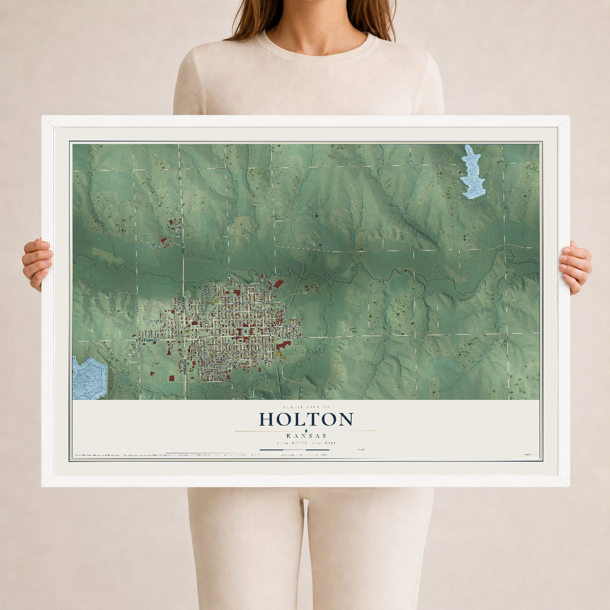 Map of Holton, Kansas, 24 x 36 inch print in a white wood frame