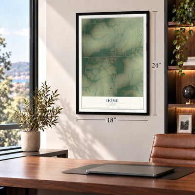 Home, Kansas map, 18 x 24 inch print in a black frame in a home office