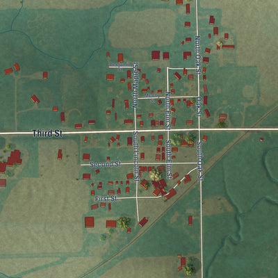 Close-up of the map of Home, Kansas print showing street and building detail