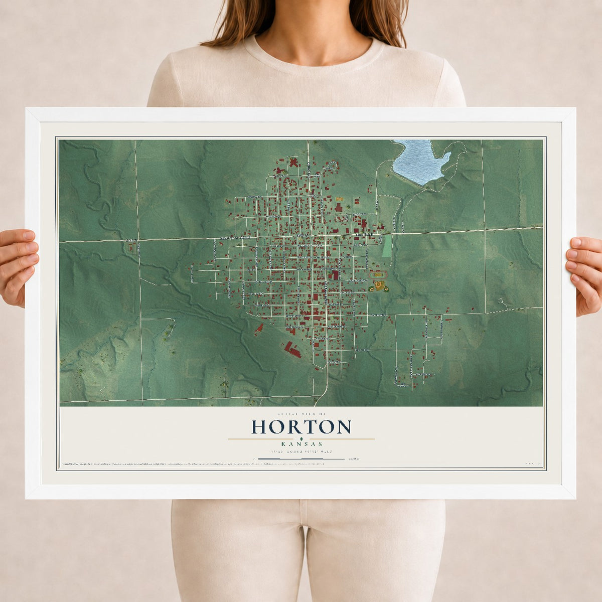 Map of Horton, Kansas, 18 x 24 inch print in a white wood frame