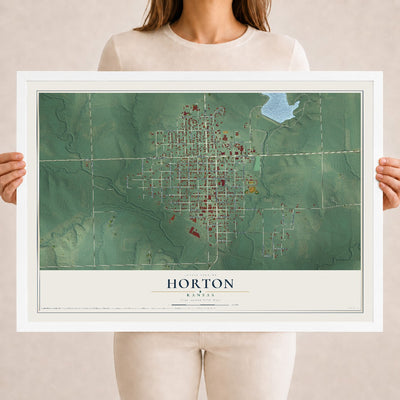 Map of Horton, Kansas, 18 x 24 inch print in a white wood frame