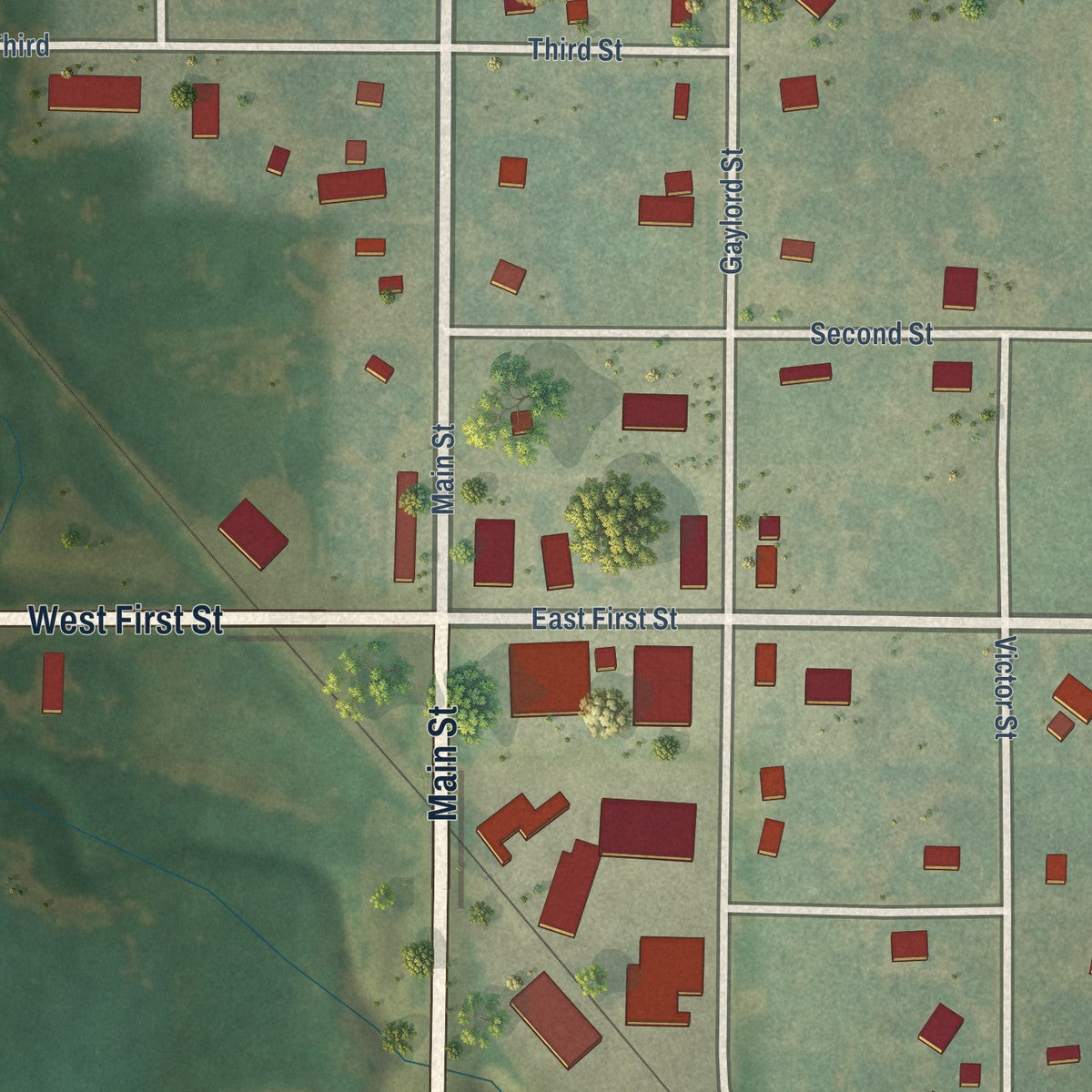 Close-up of the map of Hunter, Kansas print showing street and building detail