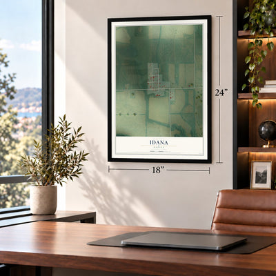 Idana, Kansas map, 18 x 24 inch print in a black frame in a home office