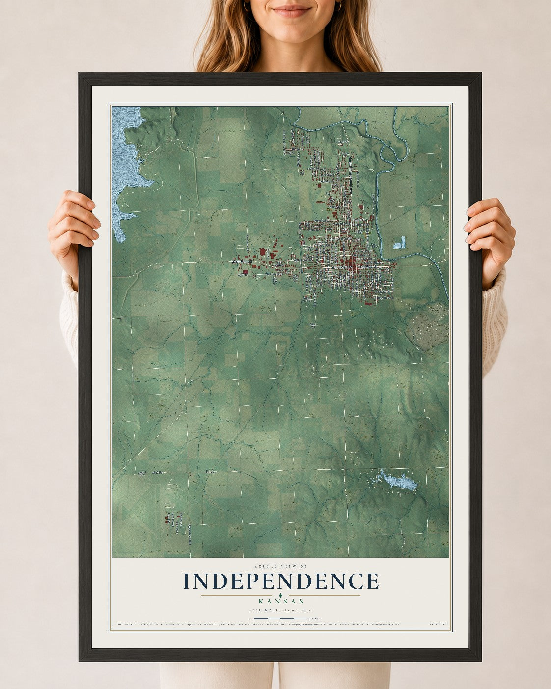 Map of Independence, Kansas, 24 x 36 inch print in a black wood frame