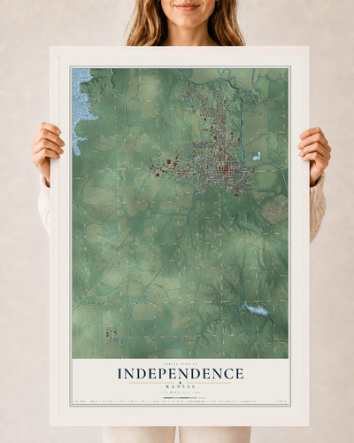 Map of Independence, Kansas, 24 x 36 inch print in a white wood frame