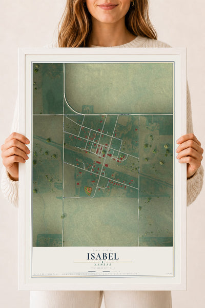 Map of Isabel, Kansas, 18 x 24 inch print in a white wood frame