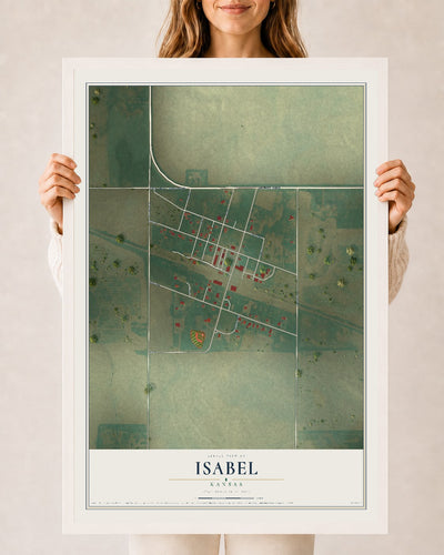 Map of Isabel, Kansas, 24 x 36 inch print in a white wood frame