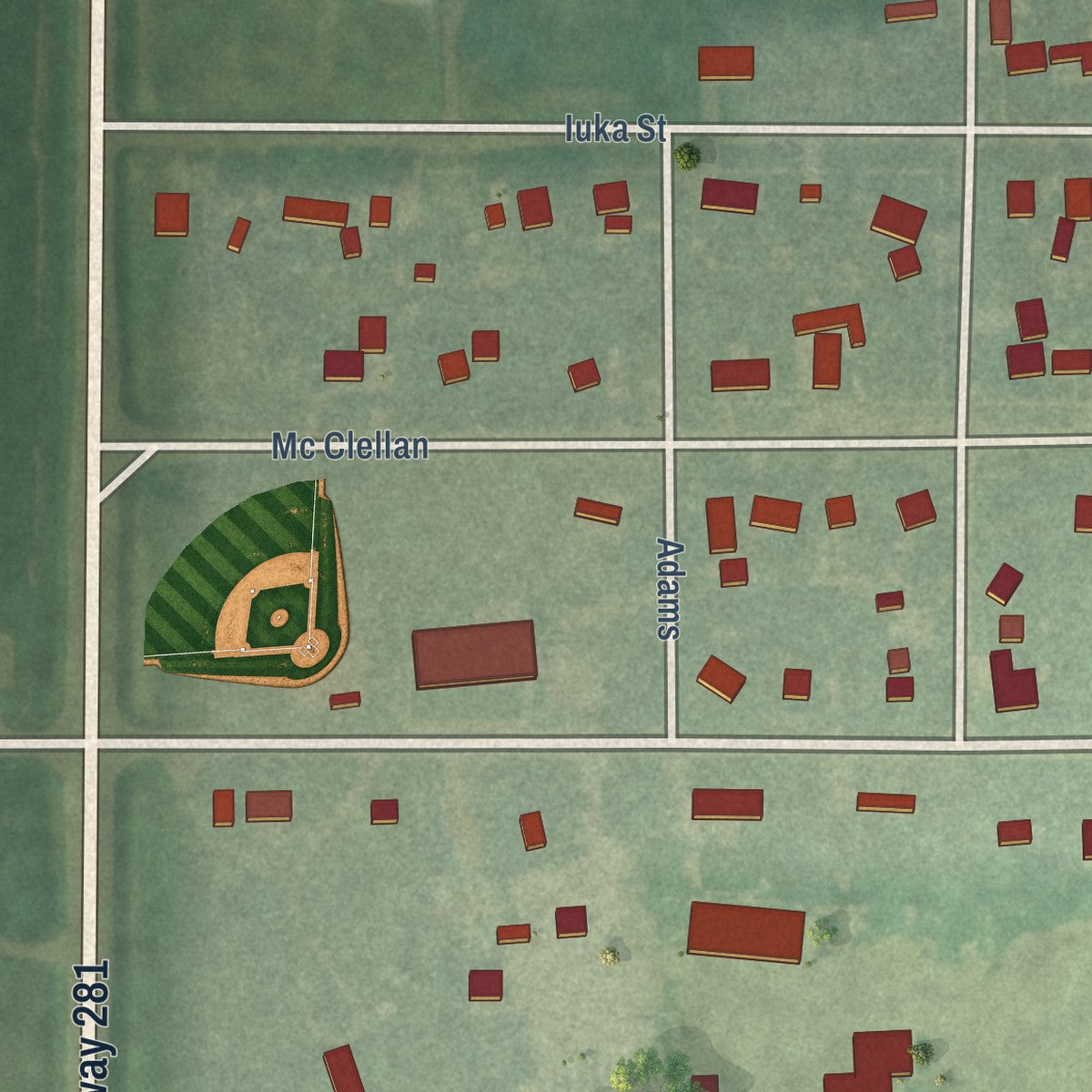 Close-up of the map of Iuka, Kansas print showing street and building detail