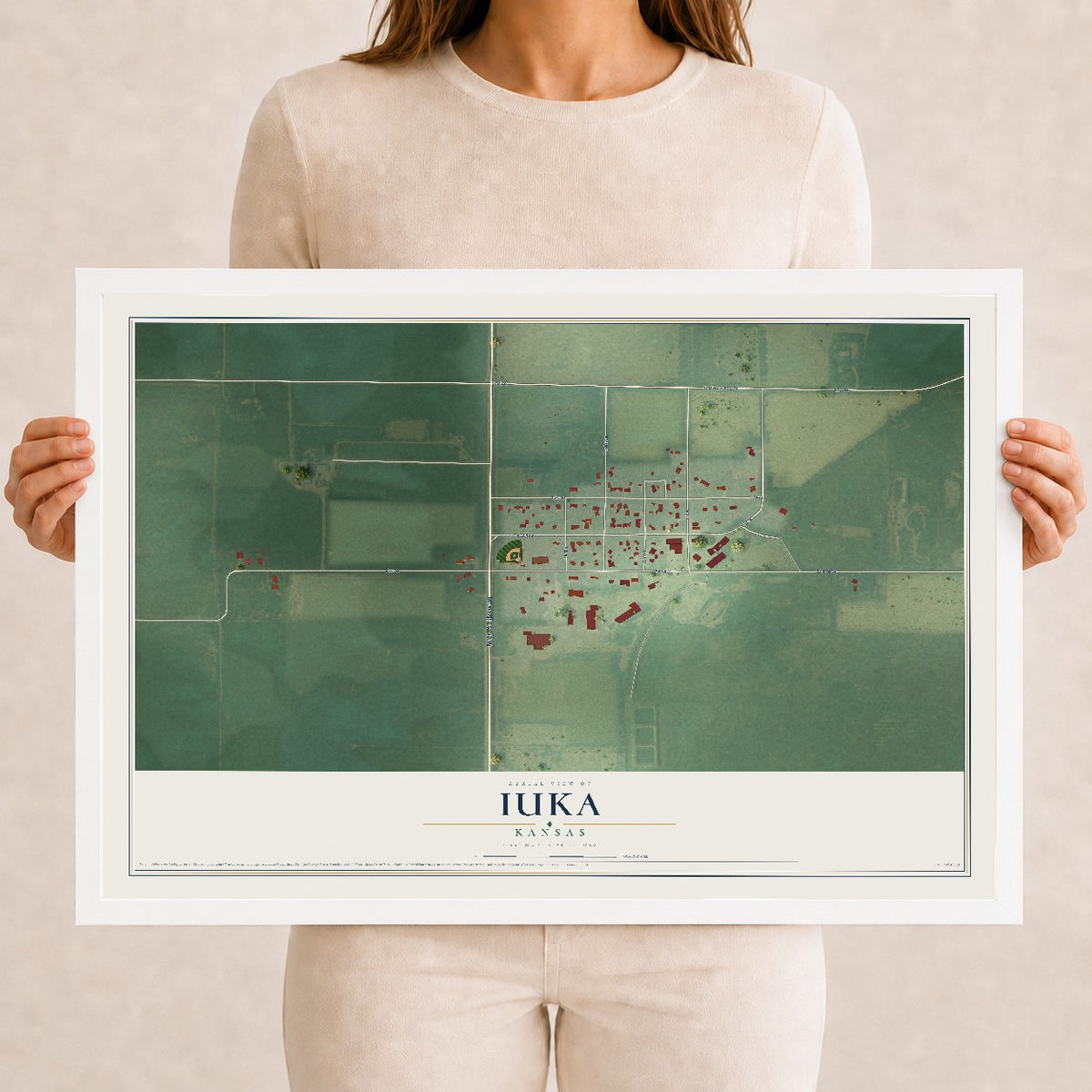 Map of Iuka, Kansas, 12 x 18 inch print in a white wood frame