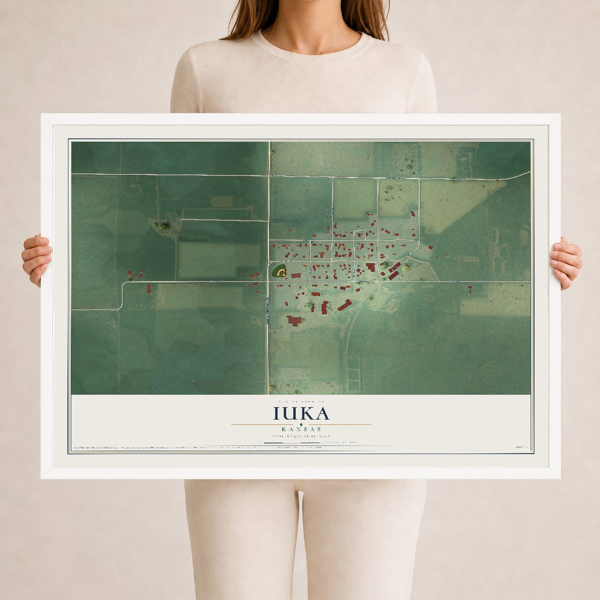 Map of Iuka, Kansas, 24 x 36 inch print in a white wood frame