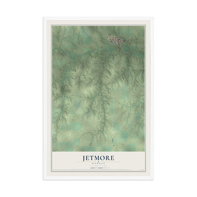 Map of Jetmore, Kansas, 12 x 18 inch print in a white wood frame