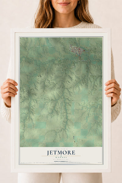 Map of Jetmore, Kansas, 18 x 24 inch print in a white wood frame